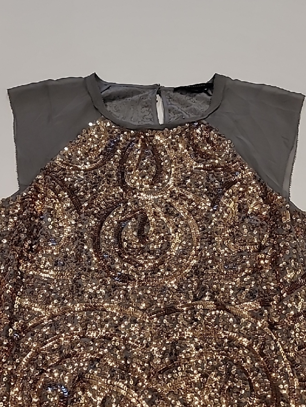 BCBGMaxAzria Gold Sequin & Gray Mesh Cap-Sleeve Tank - Picture 6 of 12